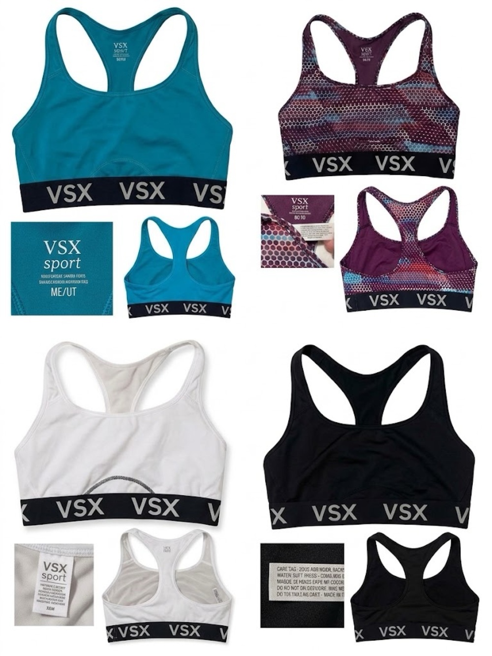 VSX Racerback Sports Bras - Black, White, Blue, Graphic Print